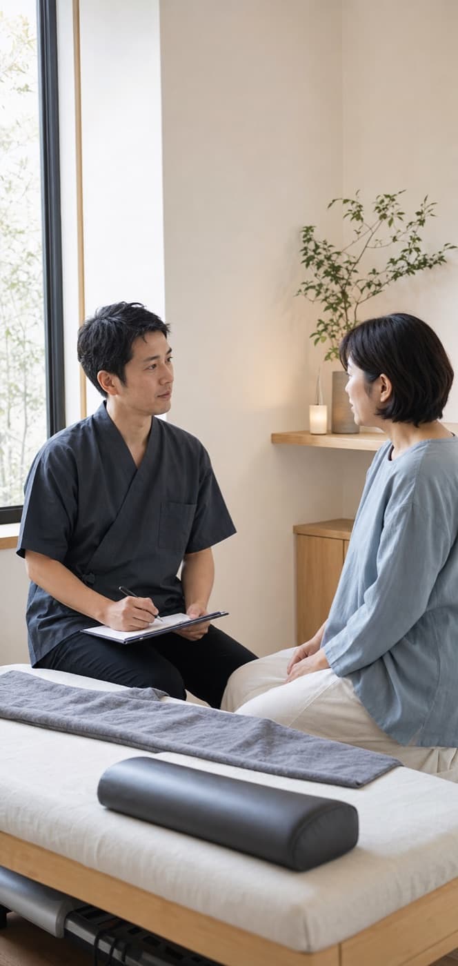 日本人の施術者が患者の相談を聞く整骨院の様子
