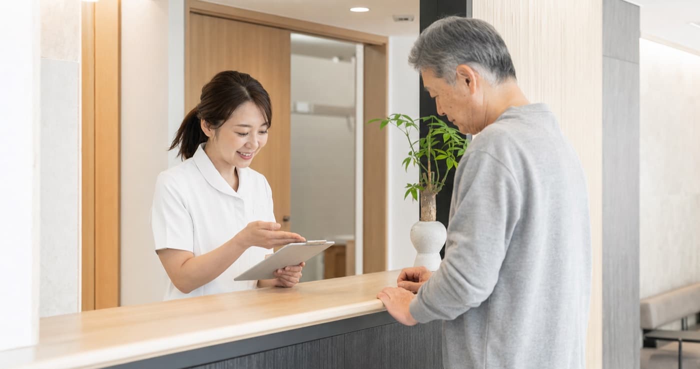 日本人の受付スタッフが患者を案内するサンプル写真