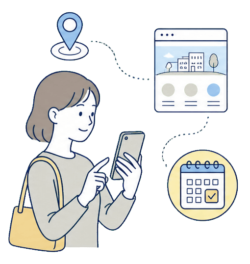 患者さんがスマートフォンで予約導線を確認している背景なしイラスト